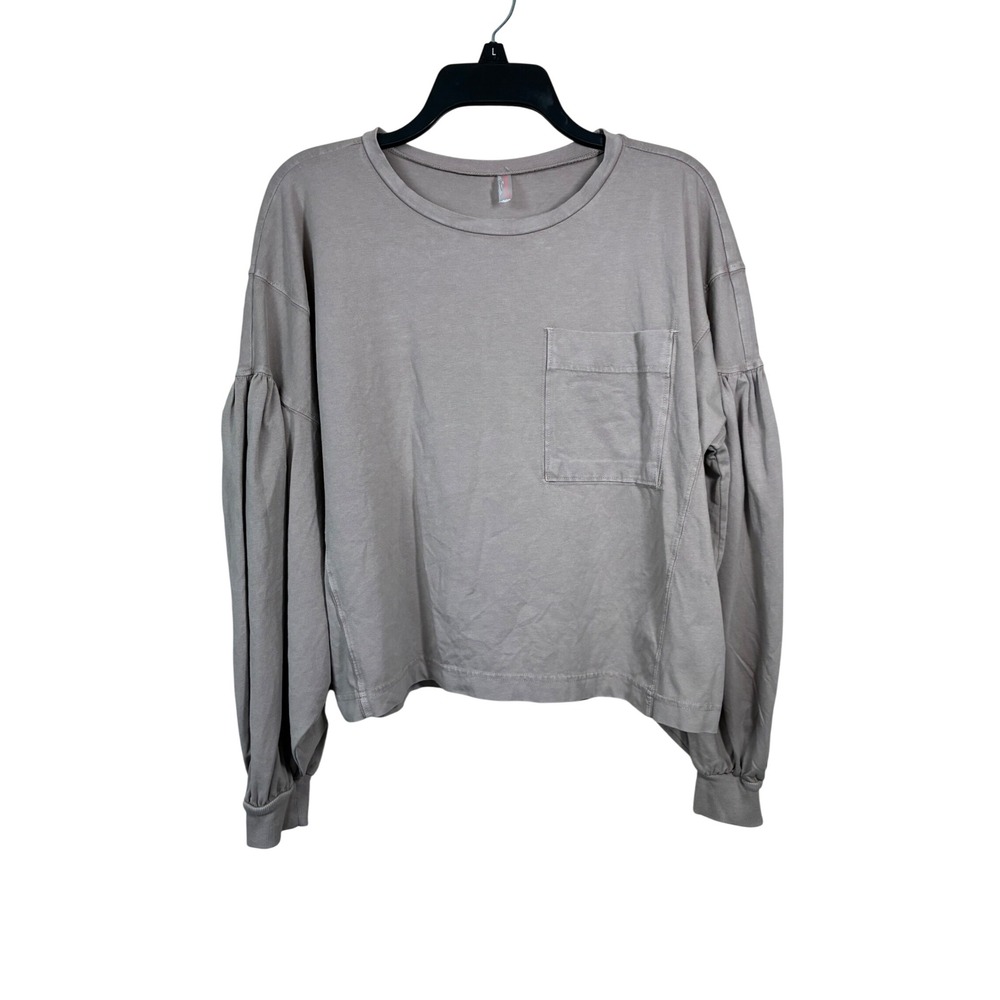 Free People Movement Womens Oversized Puff Sleeve Pocket Top Taupe S OB2403178